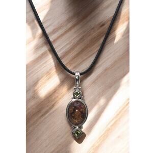 Amber & Green Gemstone Silver Pendant Necklace – Earthy Romantic Statement